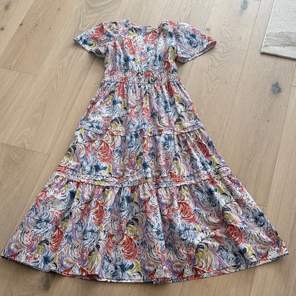 Anthropologie Somerset Dress in Red, Blue, Yellow Swirl feather Pattern